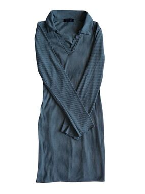 Ribbed V-Neck Polo Knit Dress in Dusty Teal